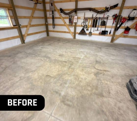 before portrait of homeowner garage with old flooring