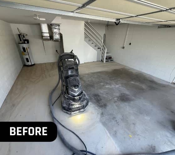 before portrait of homeowner garage with new epoxy flake flooring installed