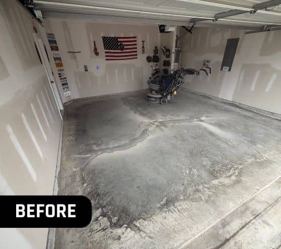 before portrait of homeowner garage with old stained concrete
