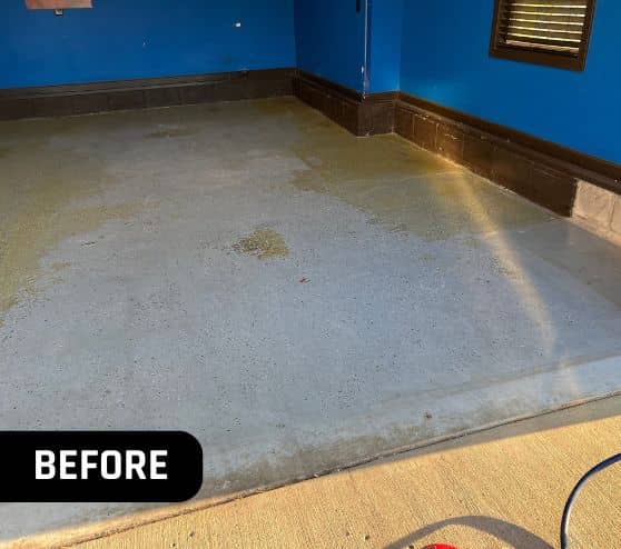 before portrait of homeowner garage before new flooring installed