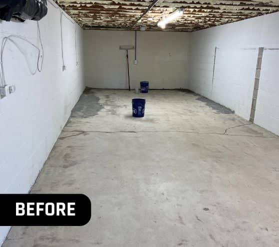 before portrait of old flooring in homeowner basement
