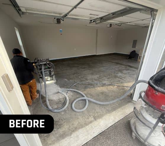 before portrait of homeowner garage with old flooring