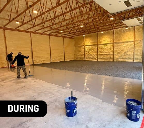 MACH ONE® employees installing new epoxy flake flooring for Bryant Electrical during portrait