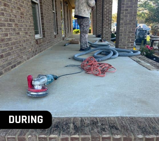 during portrait of mach one employees installing Madras Epoxy Flake Flooring for porch