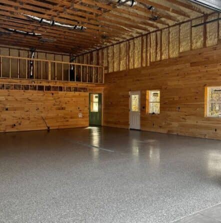 homeowner barn with new epoxy flake flooring installed