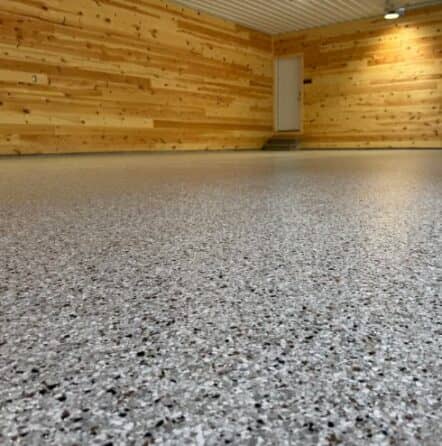 close-up of Coyote Epoxy Flake Flooring installed