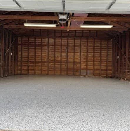 homeowner garage with Dakota Gray Epoxy Flake Flooring installed