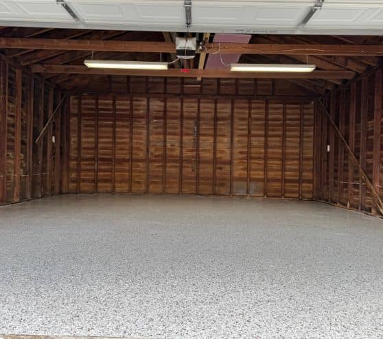 homeowner garage with Dakota Gray Epoxy Flake Flooring installed