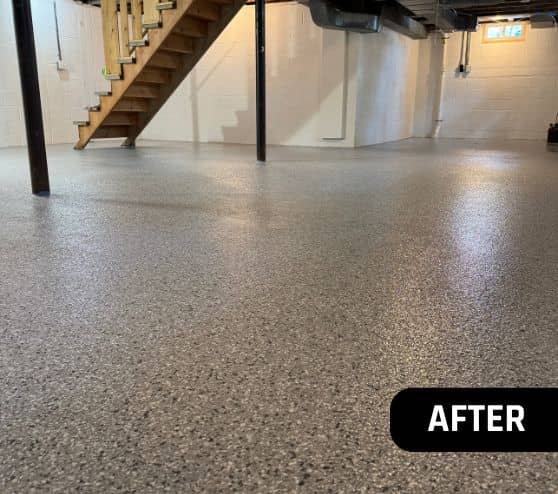 after portrait of homeowner basement with Star Gazer Epoxy Flake Flooring installed