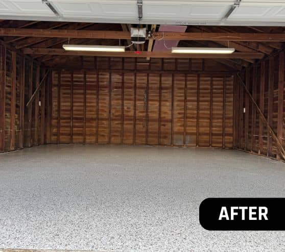 Dakota Gray Epoxy Flake Flooring installed for homeowner garage after portrait