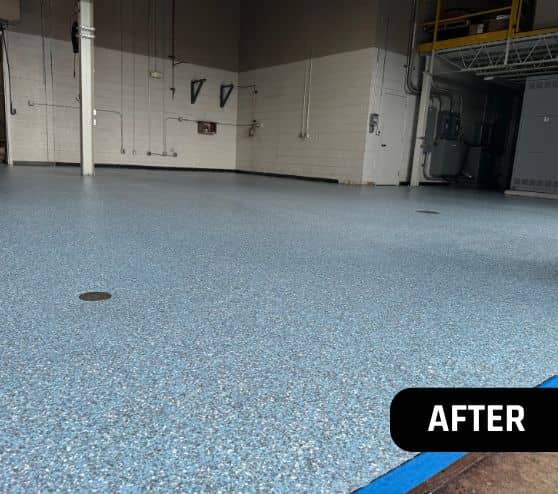 Blue Epoxy Flake Flooring freshly installed for business owner
