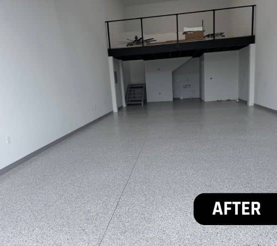 after portrait of homeowner garage with Feathered Gray Epoxy Flake Flooring installed