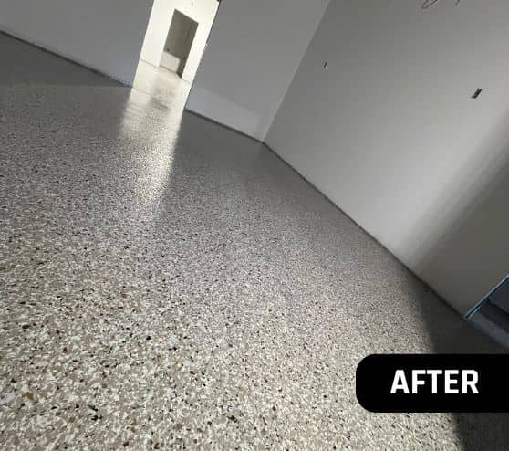 after portrait of Soggy Doggie Resort interior with new epoxy flake flooring