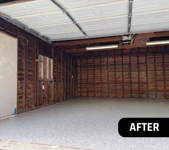 Dakota Gray Epoxy Flake Flooring installed for homeowner after portrait