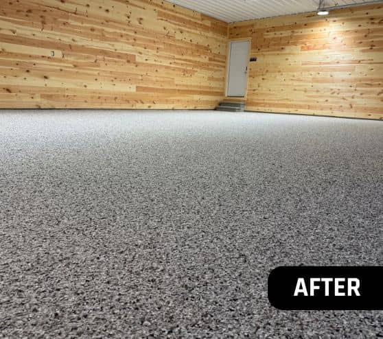 after portrait of Coyote Epoxy Flake Flooring installed