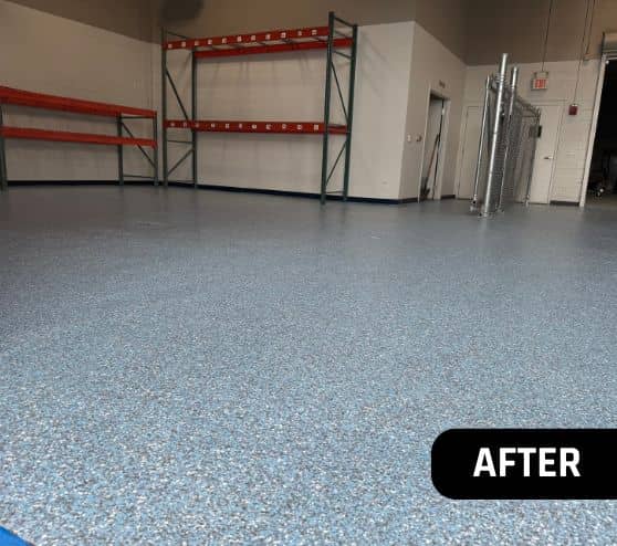 Blue Epoxy Flake Flooring installed for business owner after portrait