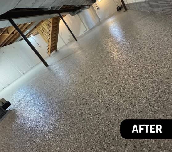homeowner basement with Star Gazer Epoxy Flake Flooring installed after portrait