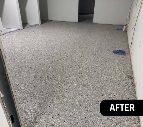 creekbed epoxy flake flooring installed for Soggy Doggie Resort after portrait