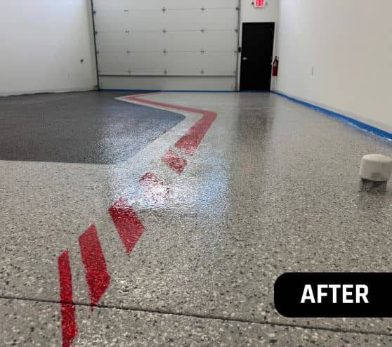 close-up of custom blend epoxy flake flooring installed for Car Condo