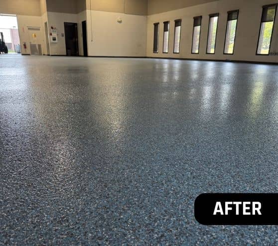close-up of Blue Epoxy Flake Flooring installed for business owner