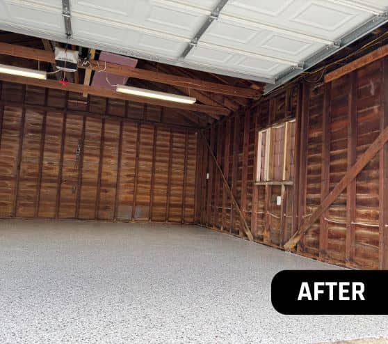 after portrait of Dakota Gray Epoxy Flake Flooring installed for homeowner garage