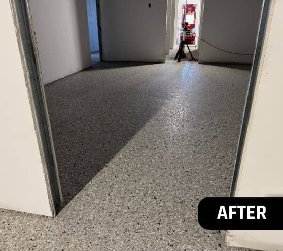 Soggy Doggie Resort with new epoxy flake flooring installed after portrait