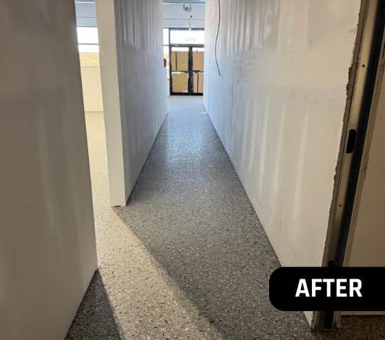 Soggy Doggie Resort hallways with new epoxy flake flooring installed