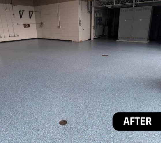 after portrait of Blue Epoxy Flake Flooring installed for business owner