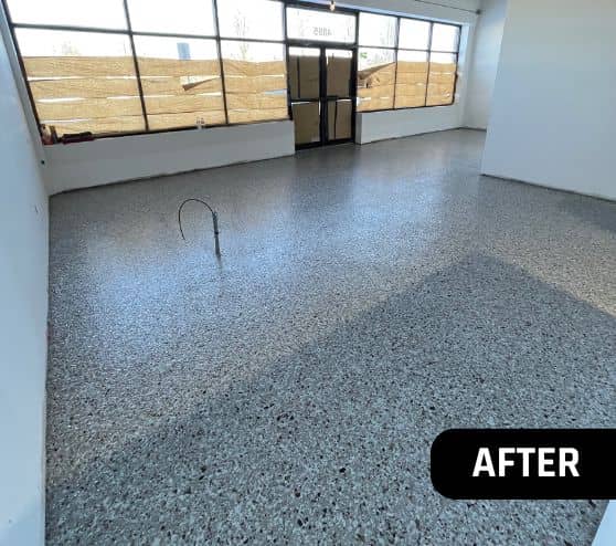front lobby at Soggy Doggie Resort with new creekbed epoxy flake flooring installed