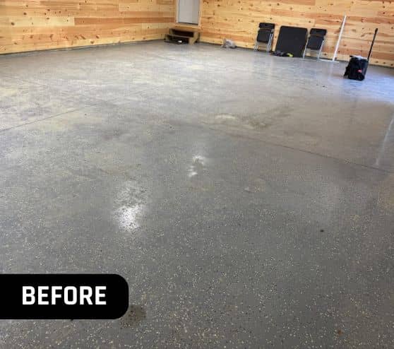before portrait of old flooring inside homeowner garage
