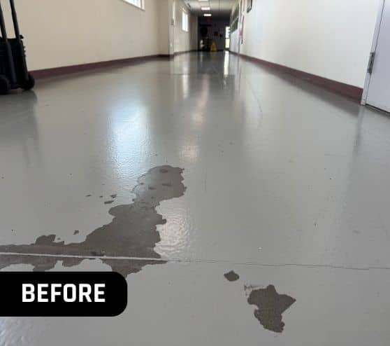 before portrait of USPS Center hallway before new flooring