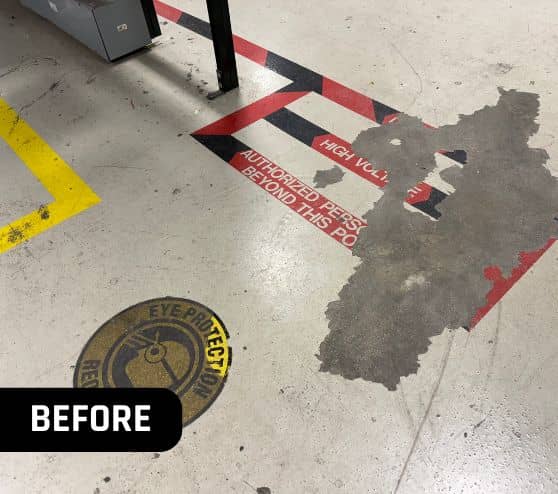 patched flooring in business owner warehouse before portrait