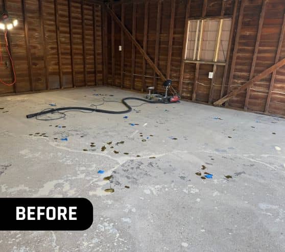 before portrait of homeowner garage with old flooring