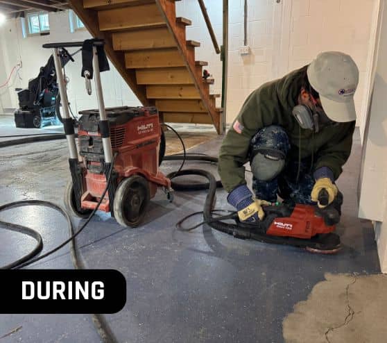 MACH ONE® employee installing new flooring for homeowner basement