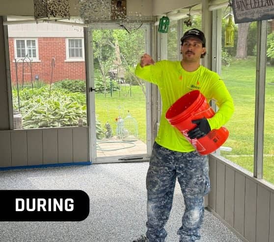 MACH ONE® employee installing new epoxy flooring for sun room