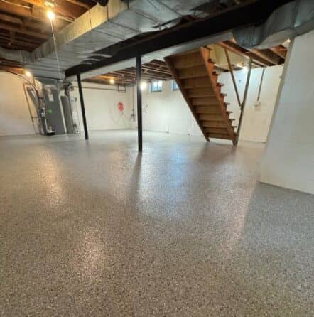homeowner basement with Star Gazer Epoxy Flake Flooring installed