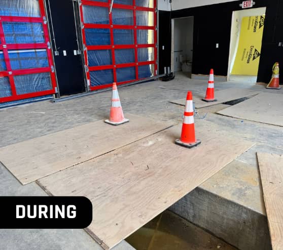 During Epoxy Flake Flooring Coating for Take 5 Oil Change in Chesterfield, MI