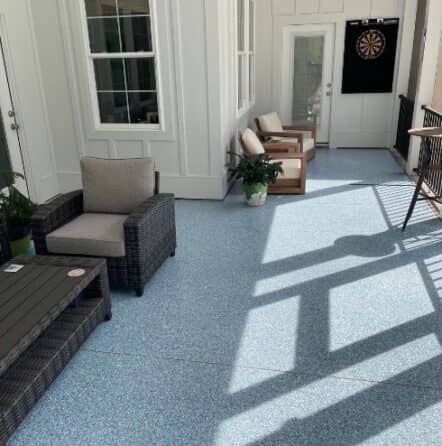 blue epoxy flake flooring for homeowner patio