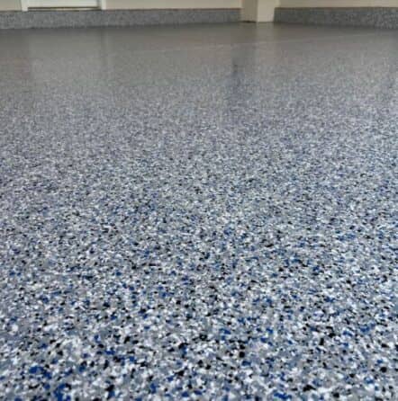 close-up of epoxy flake flooring inside of homeowner garage