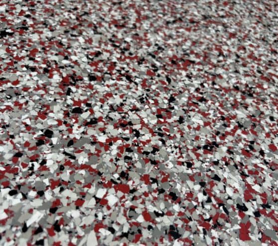 close-up of epoxy flake flooring for homeowner garage