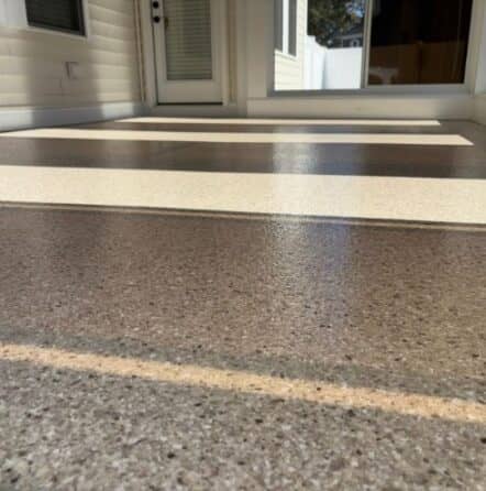 patio with new Tiki Brown epoxy flake flooring