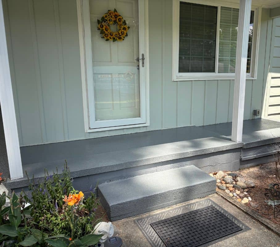 homeowner porch with new epoxy flake flooring installed