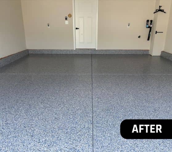 after portrait of homeowner garage with new epoxy flooring