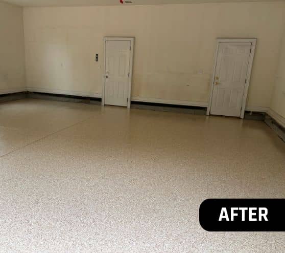 after portrait of homeowner two car garage with new epoxy flake flooring