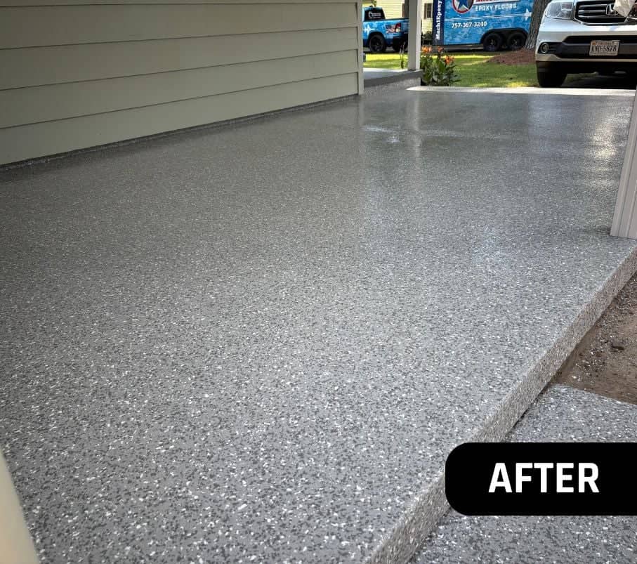 after portrait of homeowner car port with new epoxy flake flooring installed