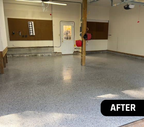 after portrait of homeowner garage with dakota grey epoxy flake flooring