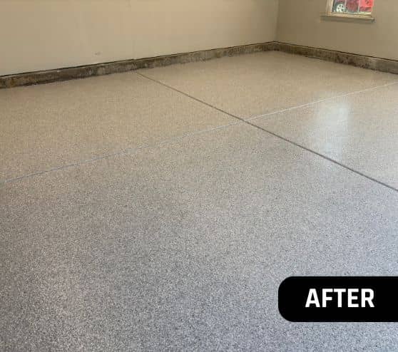 after portrait of homeowner garage with Schist Epoxy Flake Flooring installed