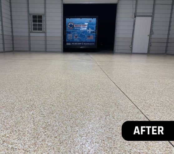 after portrait of homeowner garage with Medium Tan Epoxy Flake Flooring with mach one truck in portrait