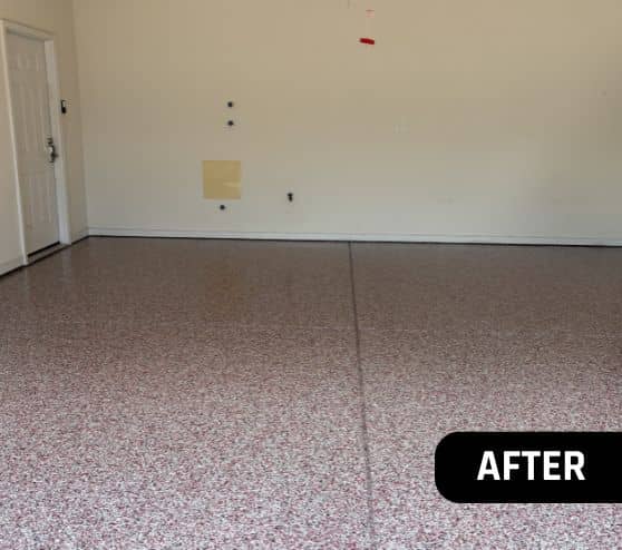 after portrait of homeowner garage with new epoxy flake flooring installed
