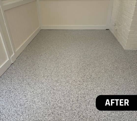 after portrait of homeowner enclosed patio with new epoxy flake flooring
